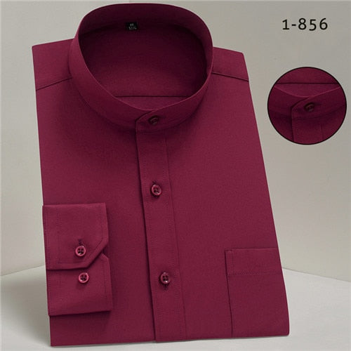 Chinease stand Collar solid plain regular fit long sleeve party bussiness formal shirts for men comfortable with chest pocket