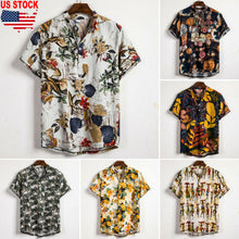 Load image into Gallery viewer, Men Linen Short Sleeve Shirt Summer Floral Loose Baggy Casual Holiday Shirts Tee Tops