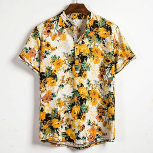 Men Linen Short Sleeve Shirt Summer Floral Loose Baggy Casual Holiday Shirts Tee Tops