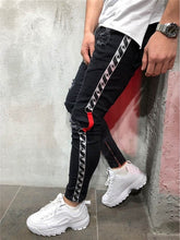 Load image into Gallery viewer, 2019 Knee Hole Side Zipper Slim Distressed Jeans Men Ripped tore up streetwear  For Men slim stripe pants