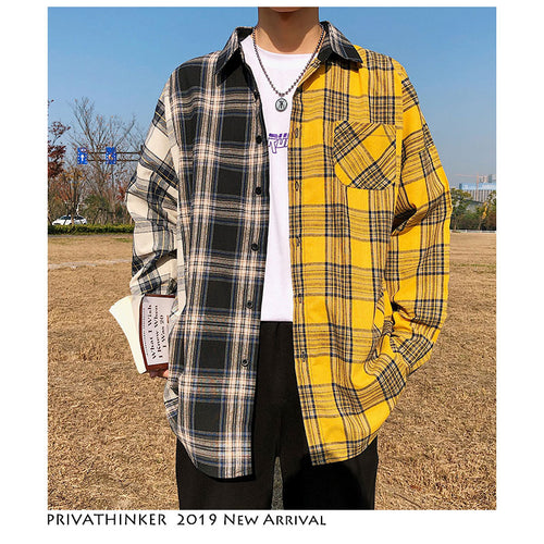 Privathinker Korean Plaid Shirts For Men 2019 Fashion Patchwork Long Sleeve Casual Shirt Hip Hop Streetwear Man Blouse