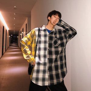 Privathinker Korean Plaid Shirts For Men 2019 Fashion Patchwork Long Sleeve Casual Shirt Hip Hop Streetwear Man Blouse