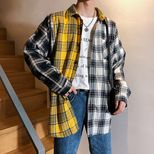 Privathinker Korean Plaid Shirts For Men 2019 Fashion Patchwork Long Sleeve Casual Shirt Hip Hop Streetwear Man Blouse