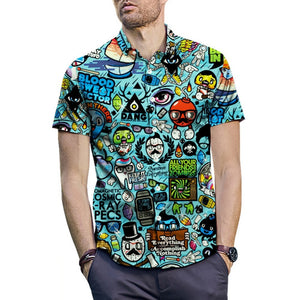 Plus Size 2XL Fashion Men Summer Casual Cartoon 3D Print Short Sleeve Tee Shirt Tun-down Collar Blouse Top Hawaiian Shirt