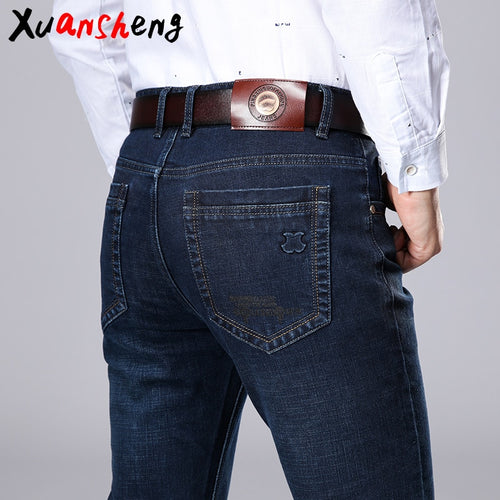 Xuansheng brand  men's jeans 2019 autumn and winter thick business work casual stretch slim jeans classic pants blue black jeans