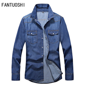 Men's Shirt 2019 Autumn New Cotton Denim Shirt Men's Long Sleeve Slim Solid Color Casual Single Breasted Shirt Men's clothing