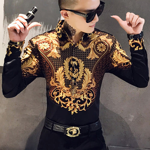 Luxury Gold Print Shirt Men Royal Retro Long Sleeve Shirts Party NightClub Tuxedo Shirts Casual Slim Fit Streetwear Blouse Homme