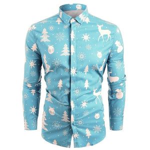 Funnyshirt Printed Long Sleeve Button Men Clothes Casual Snowflakes Christmas deer Printed Christmas Shirt New Year Party Blouse