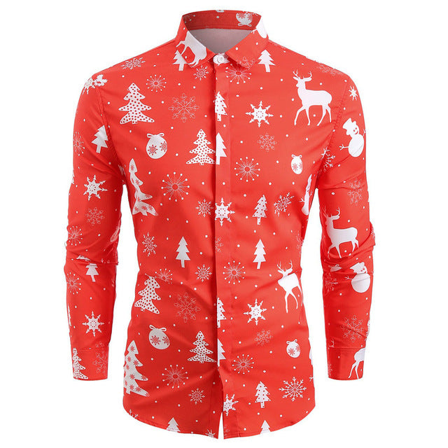 Funnyshirt Printed Long Sleeve Button Men Clothes Casual Snowflakes Christmas deer Printed Christmas Shirt New Year Party Blouse