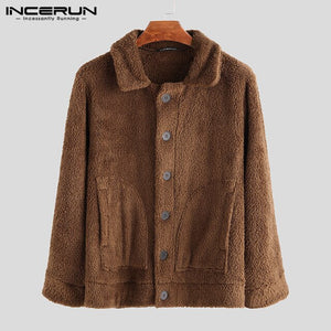 INCERUN Men Fleece Jackets Coats Streetwear Long Sleeve Solid Lapel Outerwear Button Up Fluffy Fashion Winter Plush Overcoats 7