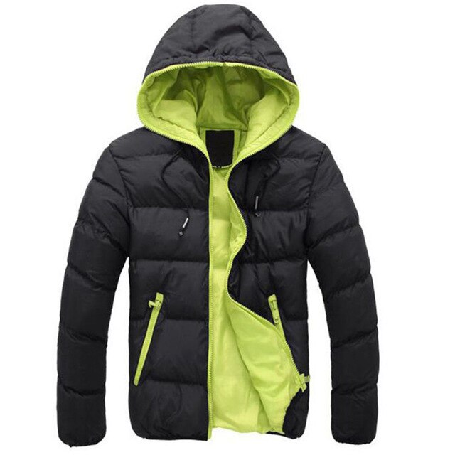 Fashion Winter Men Jacket Coat  Color Block Zipper Hooded Cotton Padded Coat Warm Thicken Outwear Jacket