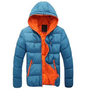 Fashion Winter Men Jacket Coat  Color Block Zipper Hooded Cotton Padded Coat Warm Thicken Outwear Jacket