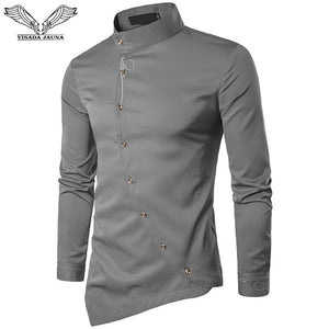 VISADA JAUNA 2019 New Men Fashion Long Sleeved Shirt Solid Slim Fit Business Shirts Men Casual Irregular Dress Camisas