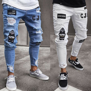 Fashion Men Stretchy Ripped Skinny Biker Hip Hop Jeans Destroyed Taped Patch Slim Pencil Denim Long Pants