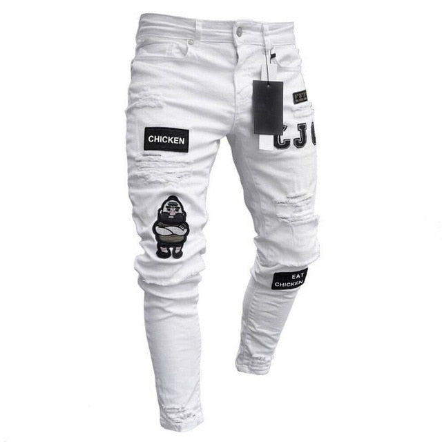 Fashion Men Stretchy Ripped Skinny Biker Hip Hop Jeans Destroyed Taped Patch Slim Pencil Denim Long Pants