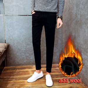 Hot 2020 autumn winter Casual thicken thermal Fleece thermal men's add wool Denim teenagers stretch pencil pants hot men's jeans