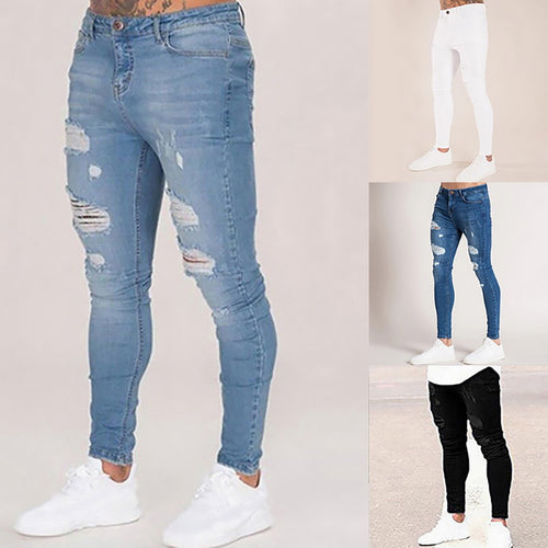 Spring Mens Jeans Pants Hip Hop Denim Ripped Skinny Distressed Jeans Casual Slim Solid Hole Pencil Trousers Male Streetwear