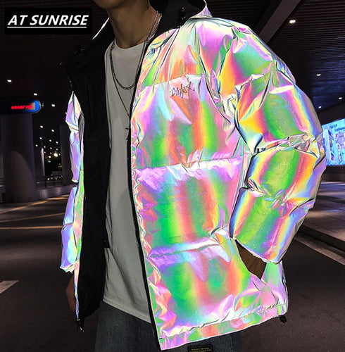 Hip Hop Hooded Parka AB Rainbow Color 3M Reflective Men Windbreaker Streetwear Harajuku Winter Padded Jacket reversible Coat