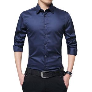 Mens Long Sleeve Shirt Fashion white Casual Solid color Fashion Business Design Fabric Soft Comfortable Men Business Dress Slim