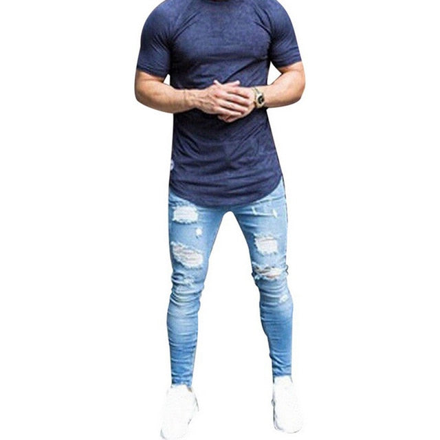 Spring Mens Jeans Pants Hip Hop Denim Ripped Skinny Distressed Jeans Casual Slim Solid Hole Pencil Trousers Male Streetwear