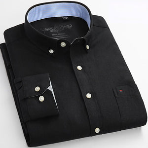 Mens Long Sleeve Solid Oxford Dress Shirt with Left Chest Pocket High-quality Male Casual Regular-fit Tops Button Down Shirts