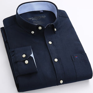 Mens Long Sleeve Solid Oxford Dress Shirt with Left Chest Pocket High-quality Male Casual Regular-fit Tops Button Down Shirts