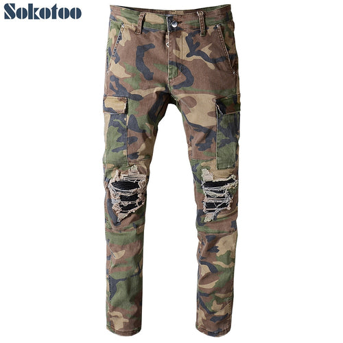 Sokotoo Men's camouflage printed patchwork military biker jeans for moto Slim fit straight army green pockets cargo denim pants