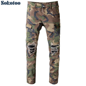 Sokotoo Men's camouflage printed patchwork military biker jeans for moto Slim fit straight army green pockets cargo denim pants