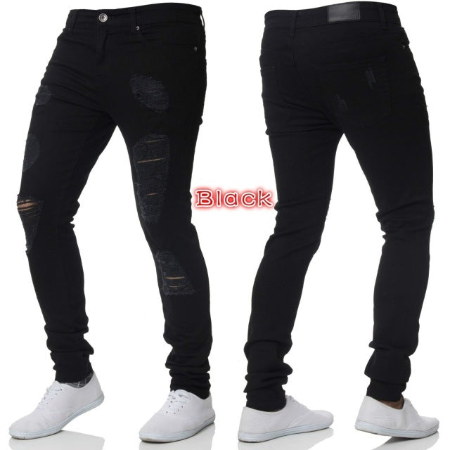 Mens Casual Skinny Jeans Pants Men Solid black ripped jeans men Ripped Beggar Jeans With Knee Hole For Youth Men