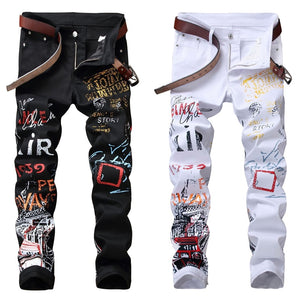 High Street Fashion Mens Jeans Night Club Black White Color Personal Designer Printed Jeans Men Punk Pants Skinny Hip Hop Jeans