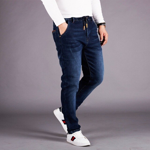 Elastic waist jeans men plus fertilizer XL high waist elastic loose plus velvet feet pants men's trousers trousers winter