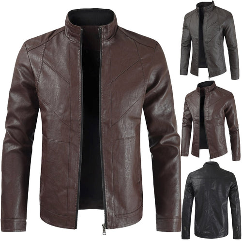 2019 Men's New Best Selling Explosions Leather New Stand Collar Solid Color Leather Jacket Men's Business Fashion Leather