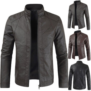 2019 Men's New Best Selling Explosions Leather New Stand Collar Solid Color Leather Jacket Men's Business Fashion Leather